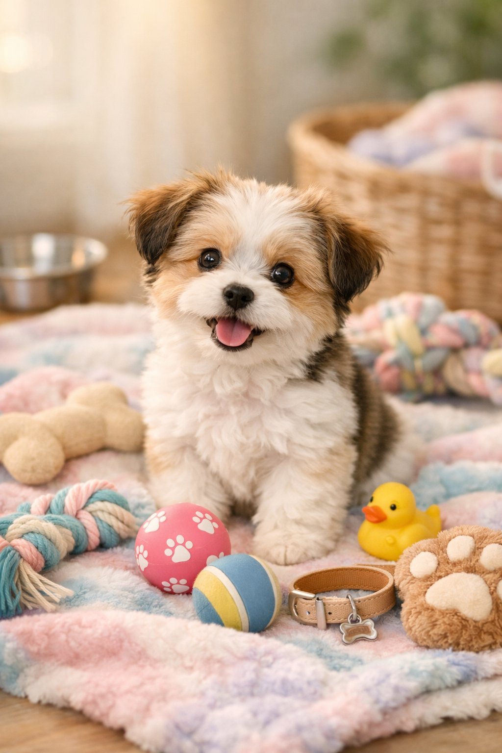 A small cute dog sitting on a pastel blanket surrounded by dog toys and accessories.