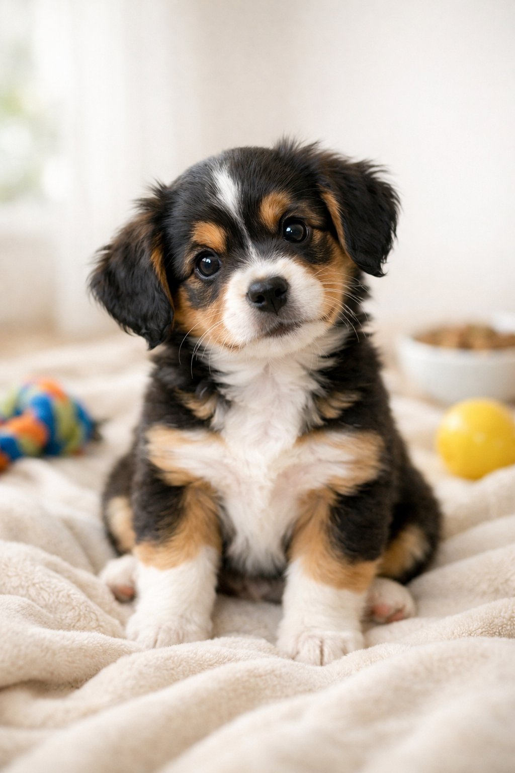 A cute puppy sitting on a blanket looking at the camera with dog toys and a bowl nearby.