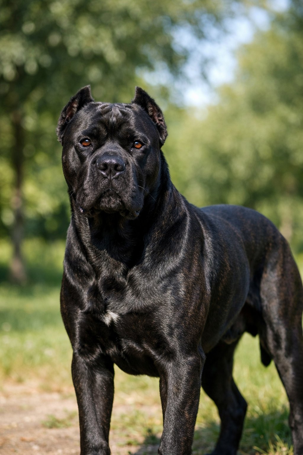 A Cane Corso dog standing outdoors in a green park looking attentively towards the camera.