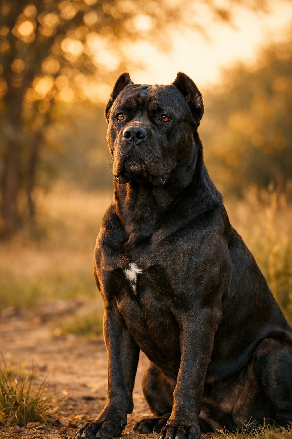 A Cane Corso dog sitting attentively outdoors with a calm and confident expression.