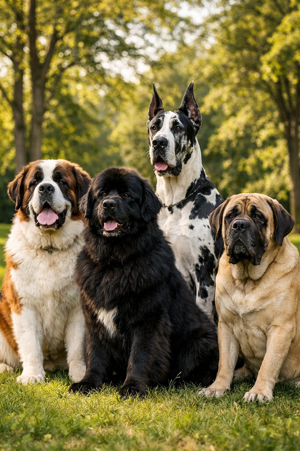 A group of large dog breeds sitting together outdoors in a green park.