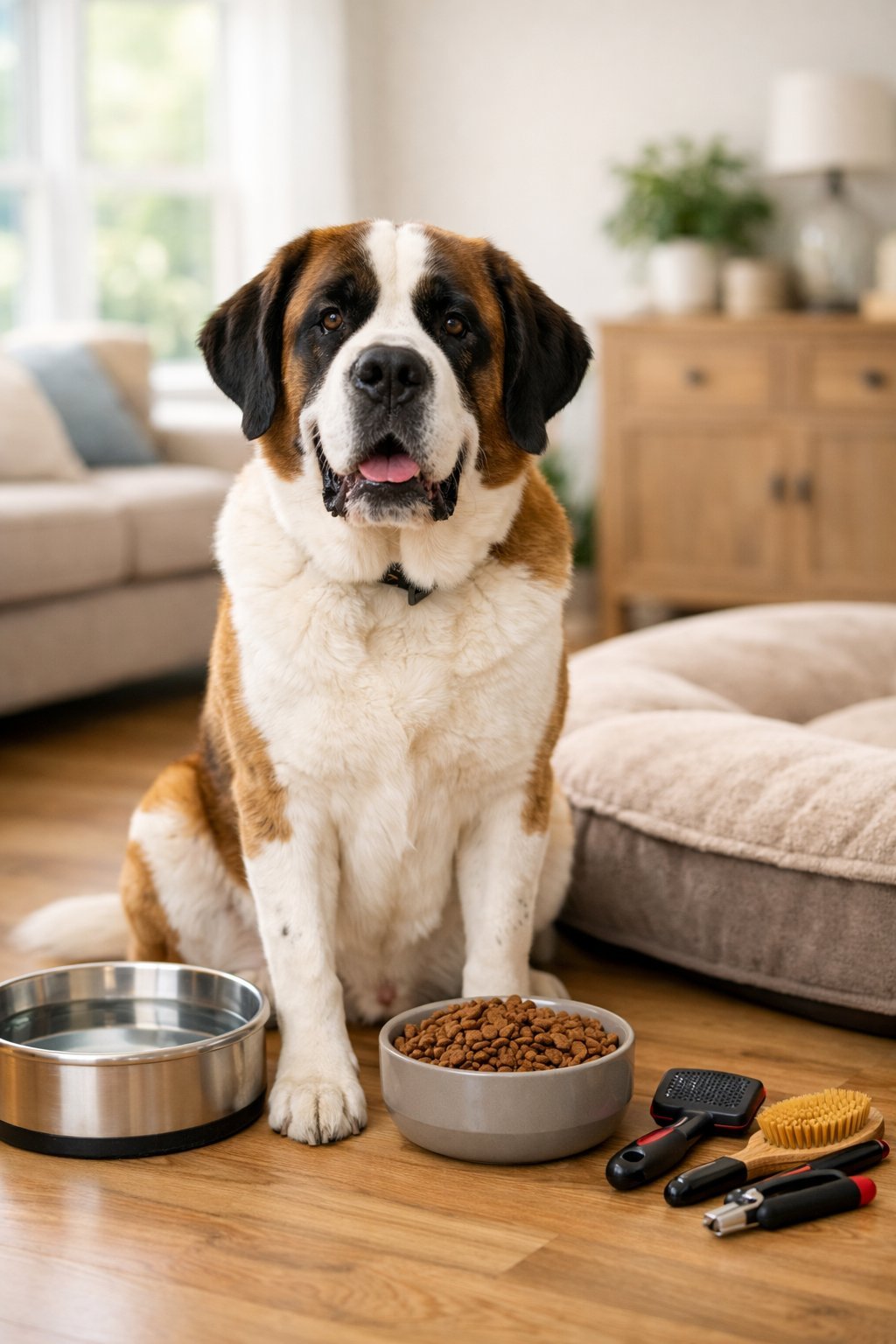 A large dog sitting indoors next to dog care items like a water bowl, food, and a bed.