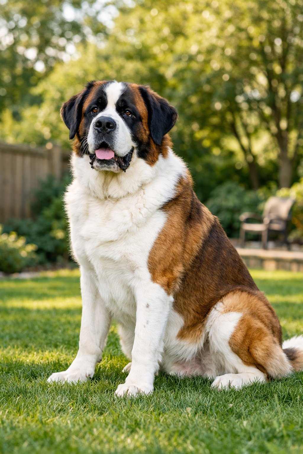 A large healthy dog sitting calmly outdoors in a green park setting.