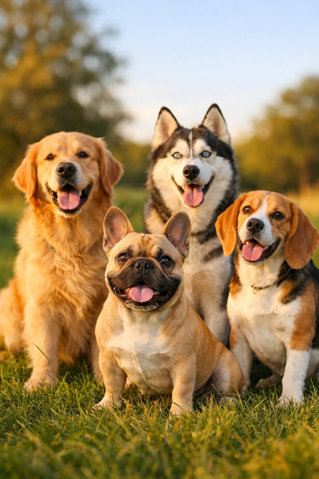 Several dogs of different breeds sitting and standing on green grass outdoors with trees and sky in the background.