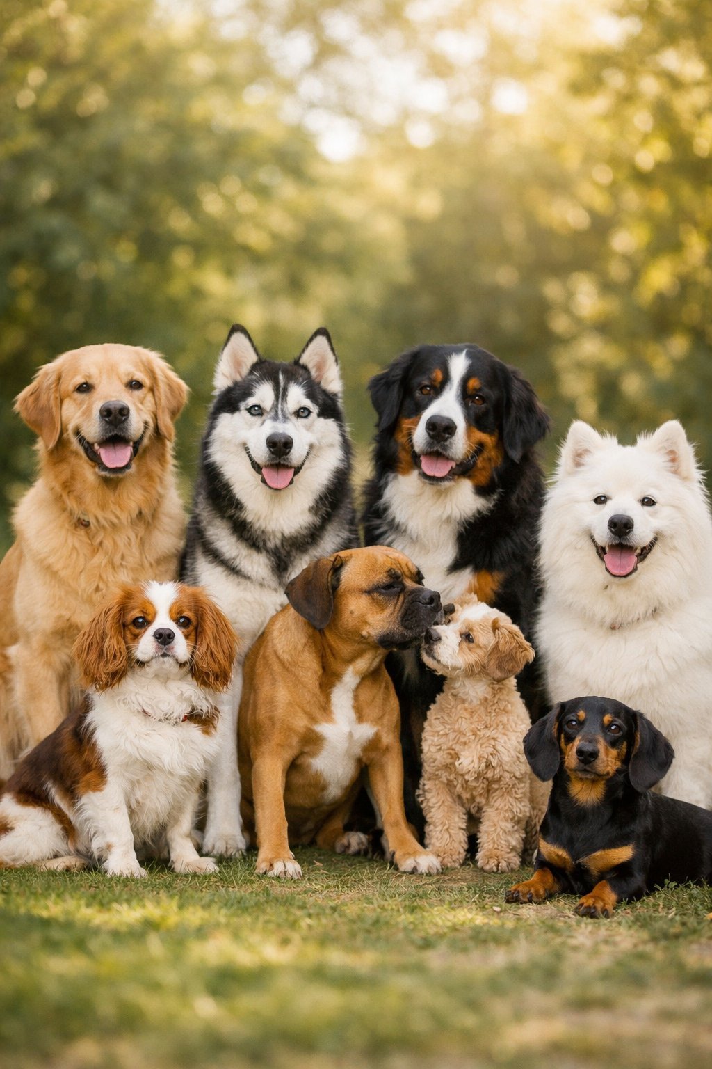 A group of different dog breeds sitting and standing calmly outdoors in a park with greenery and sunlight.