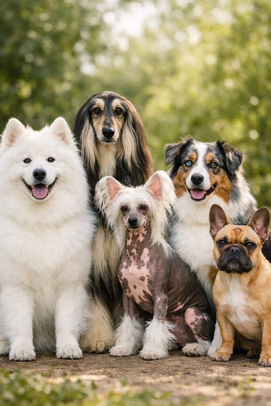 A group of different dog breeds with unique appearances sitting together outdoors with greenery in the background.