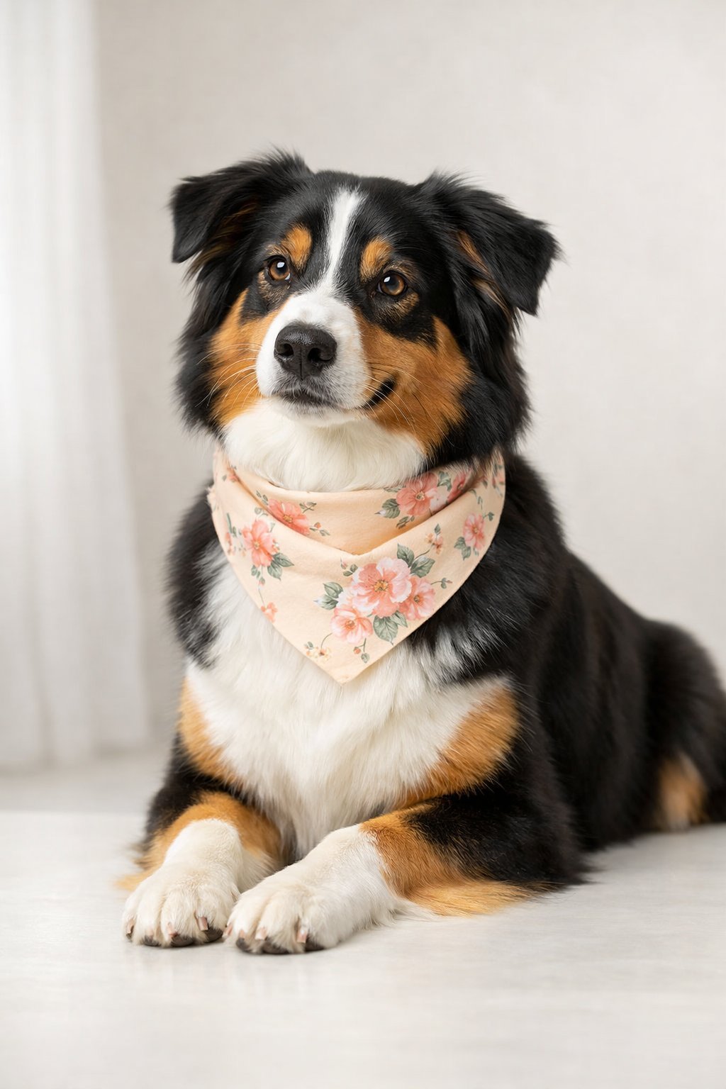 A well-groomed medium-sized dog posing in a bright studio with a simple collar, showing its shiny coat and trimmed nails.