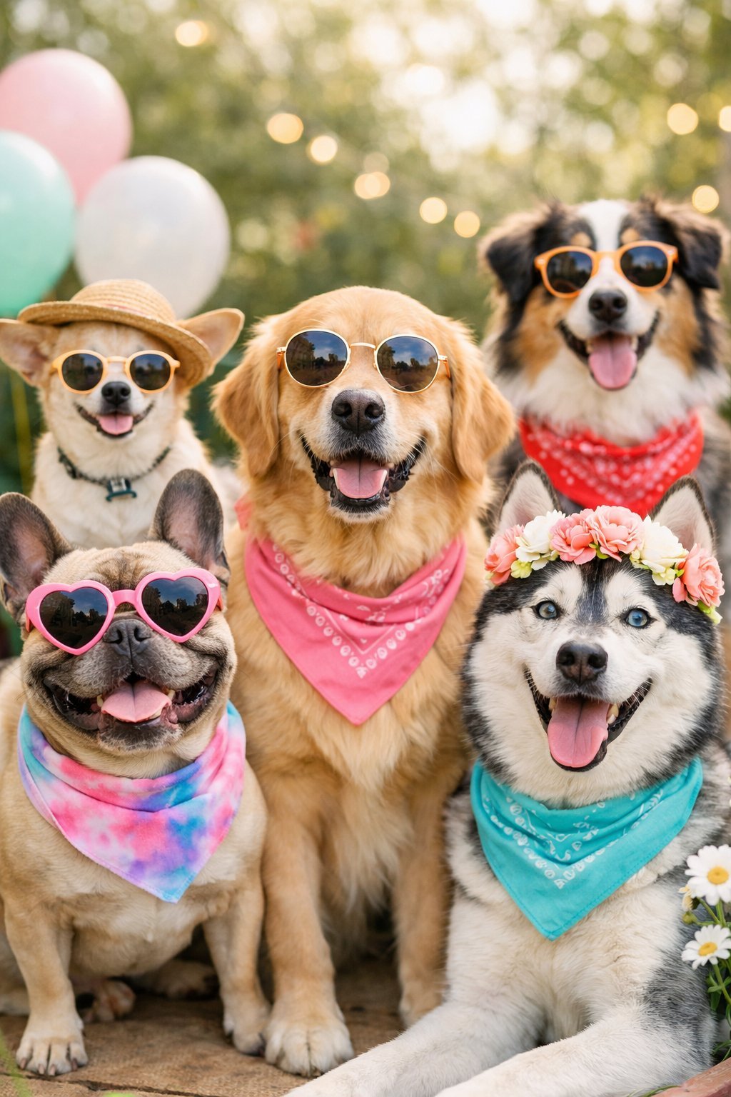 Several dogs wearing colorful accessories posed outdoors with greenery in the background.