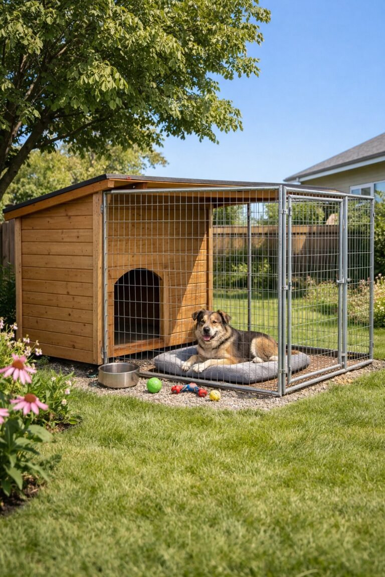 Outdoor dog kennel in a backyard with a dog resting inside, surrounded by grass and plants.