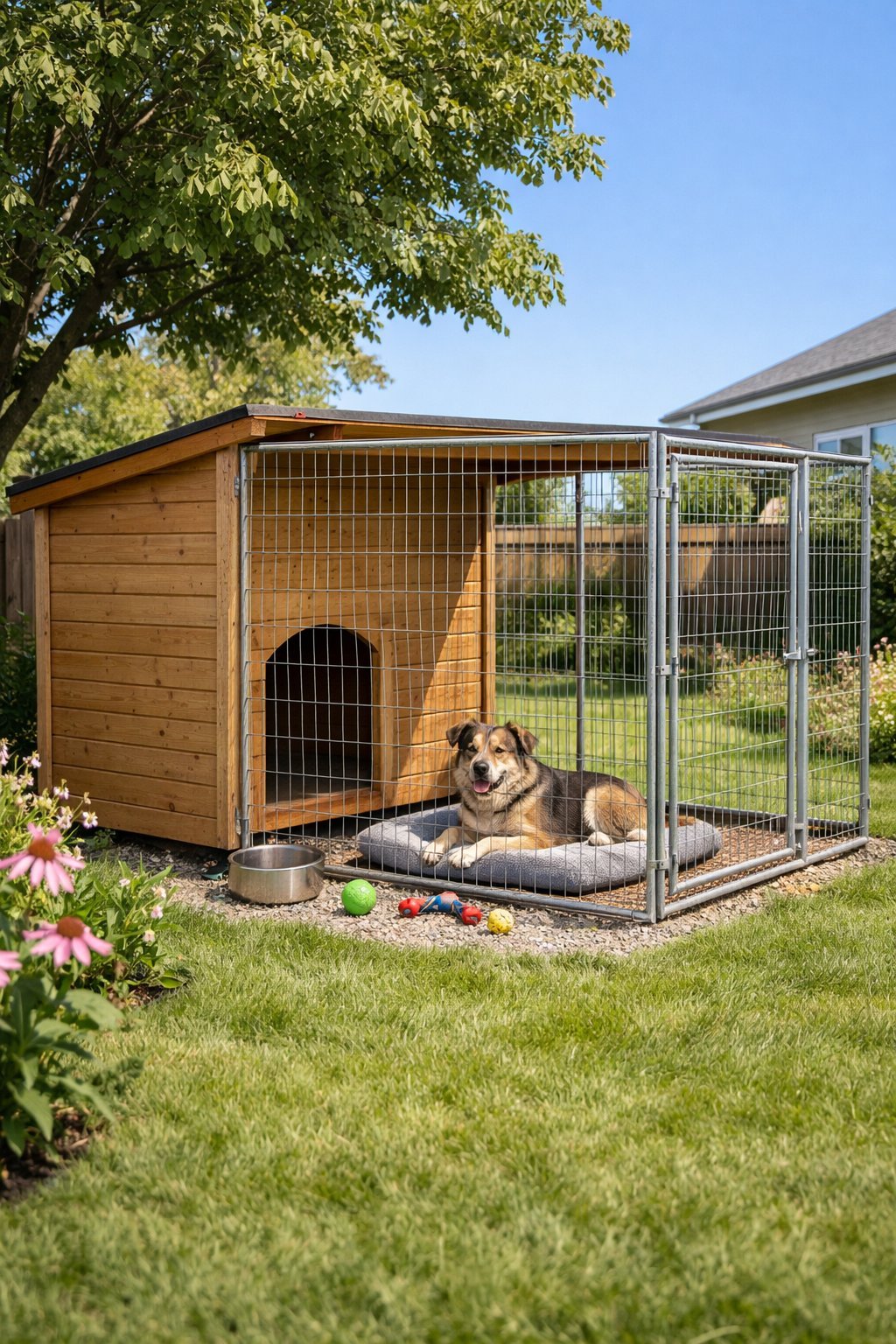 Outdoor dog kennel in a backyard with a dog resting inside, surrounded by grass and plants.
