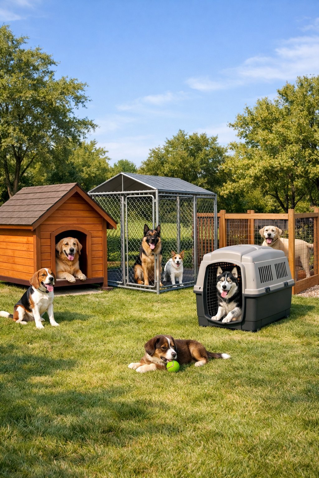 Various outdoor dog kennels in a backyard with dogs inside and nearby, surrounded by grass and trees.