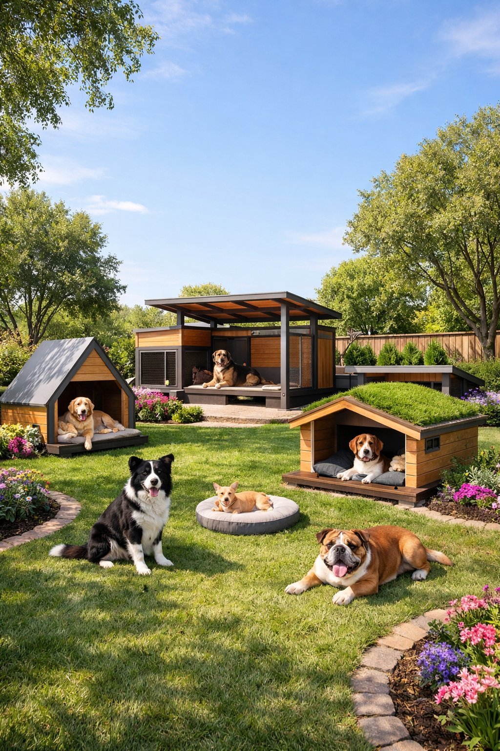 A backyard with several outdoor dog kennels surrounded by grass and trees, with dogs resting and playing nearby.