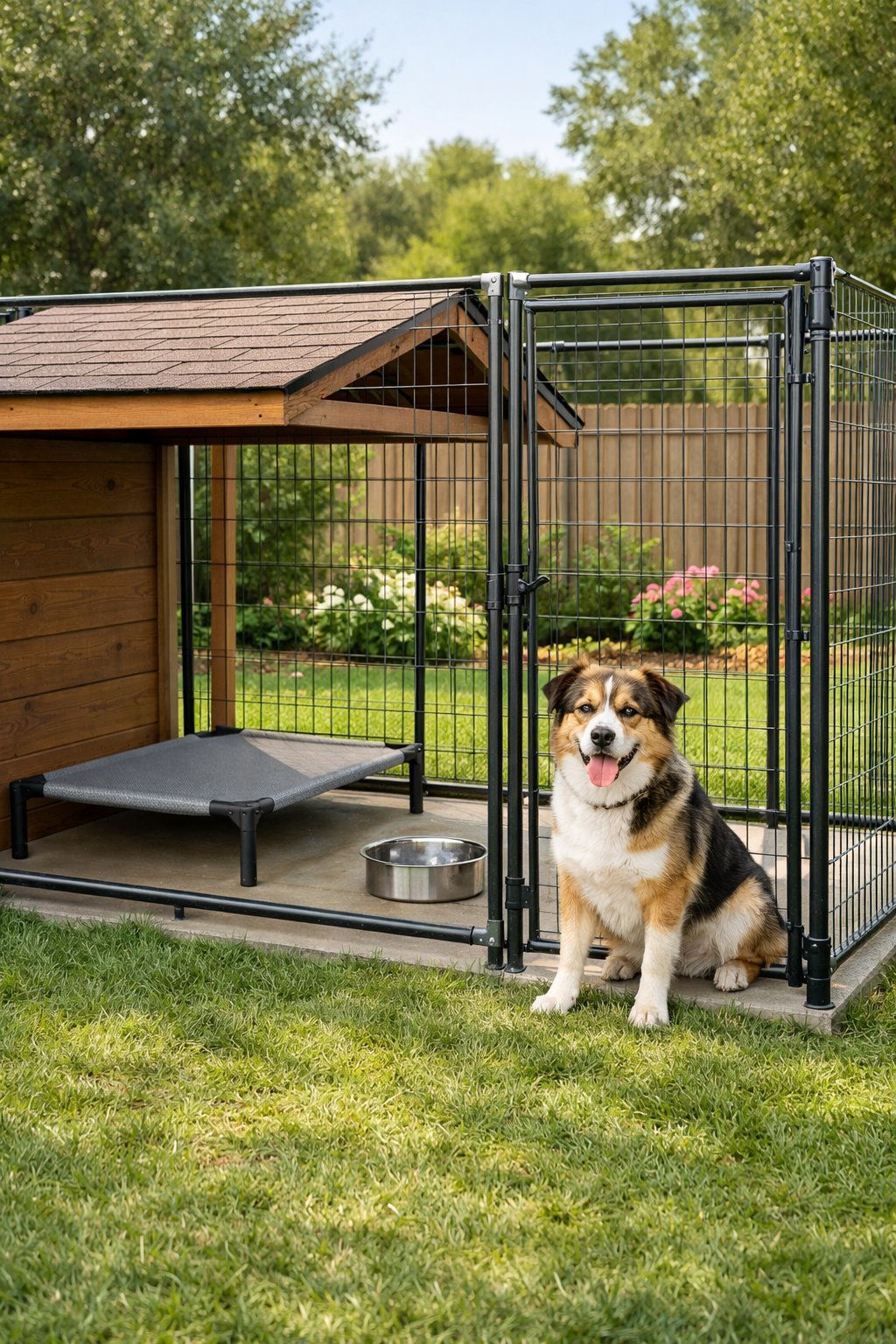 A medium-sized dog resting inside a spacious outdoor dog kennel in a green backyard with plants and a wooden fence.