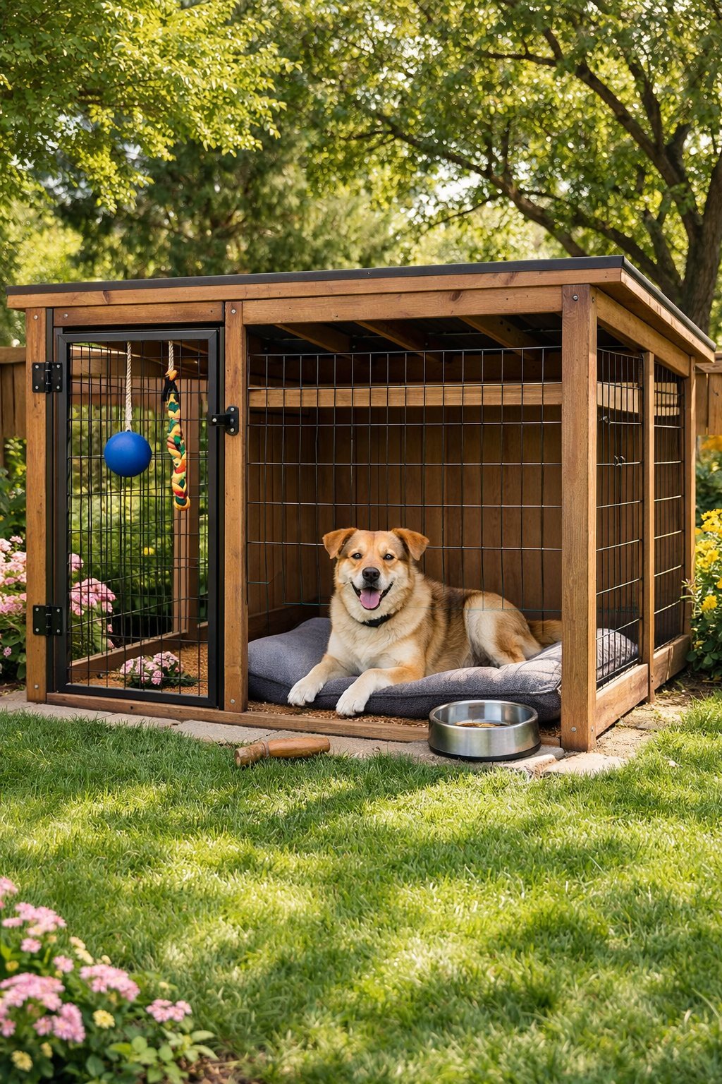 A medium-sized dog resting inside a spacious outdoor dog kennel surrounded by green grass and plants.