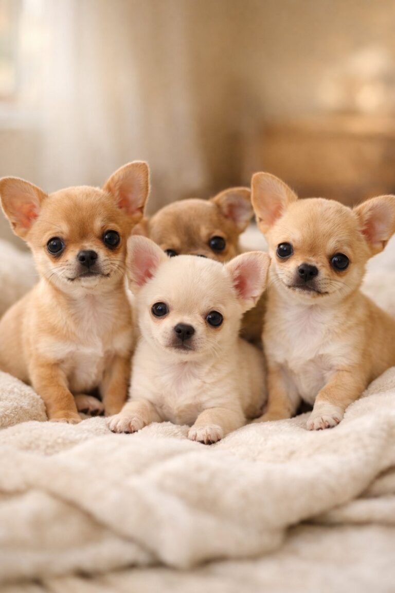 Several small teacup Chihuahua puppies sitting closely together on a soft blanket.