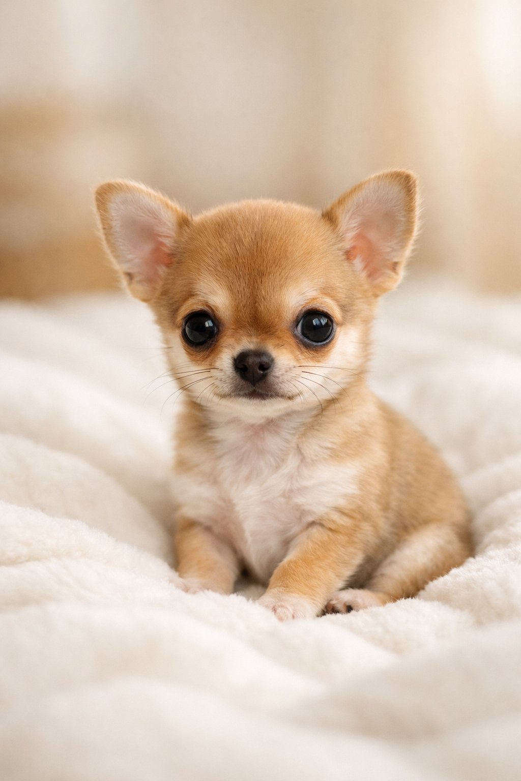 A small teacup Chihuahua puppy sitting on a soft white blanket looking curious and alert.
