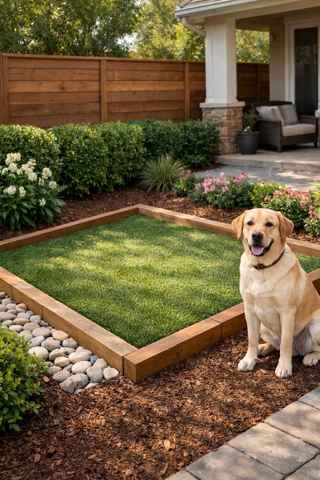 A backyard with a designated dog potty area featuring artificial grass, surrounded by plants and a wooden fence, with a dog nearby.