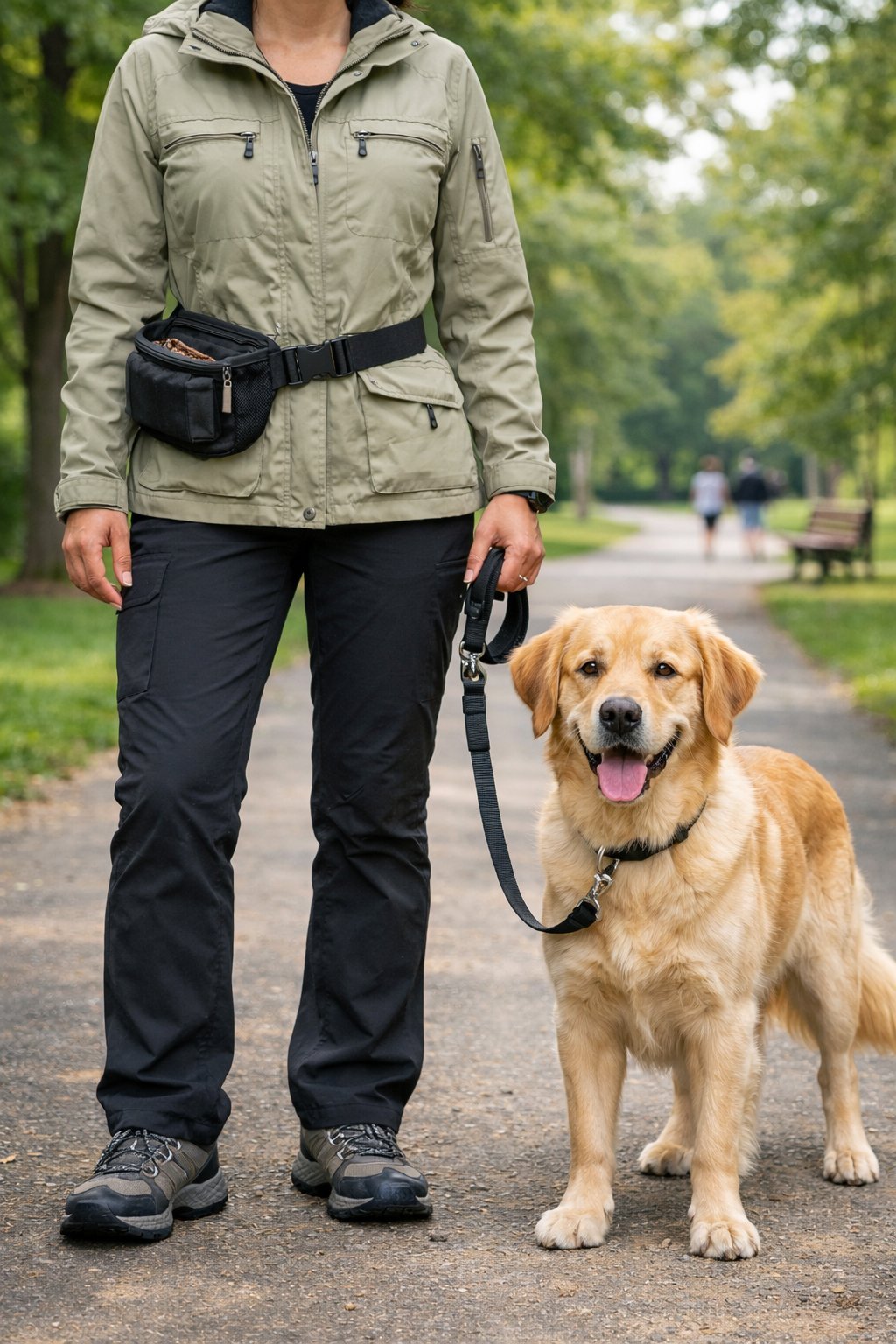 A person wearing a dog walking outfit holding a leash with a dog on a park path surrounded by trees and grass.