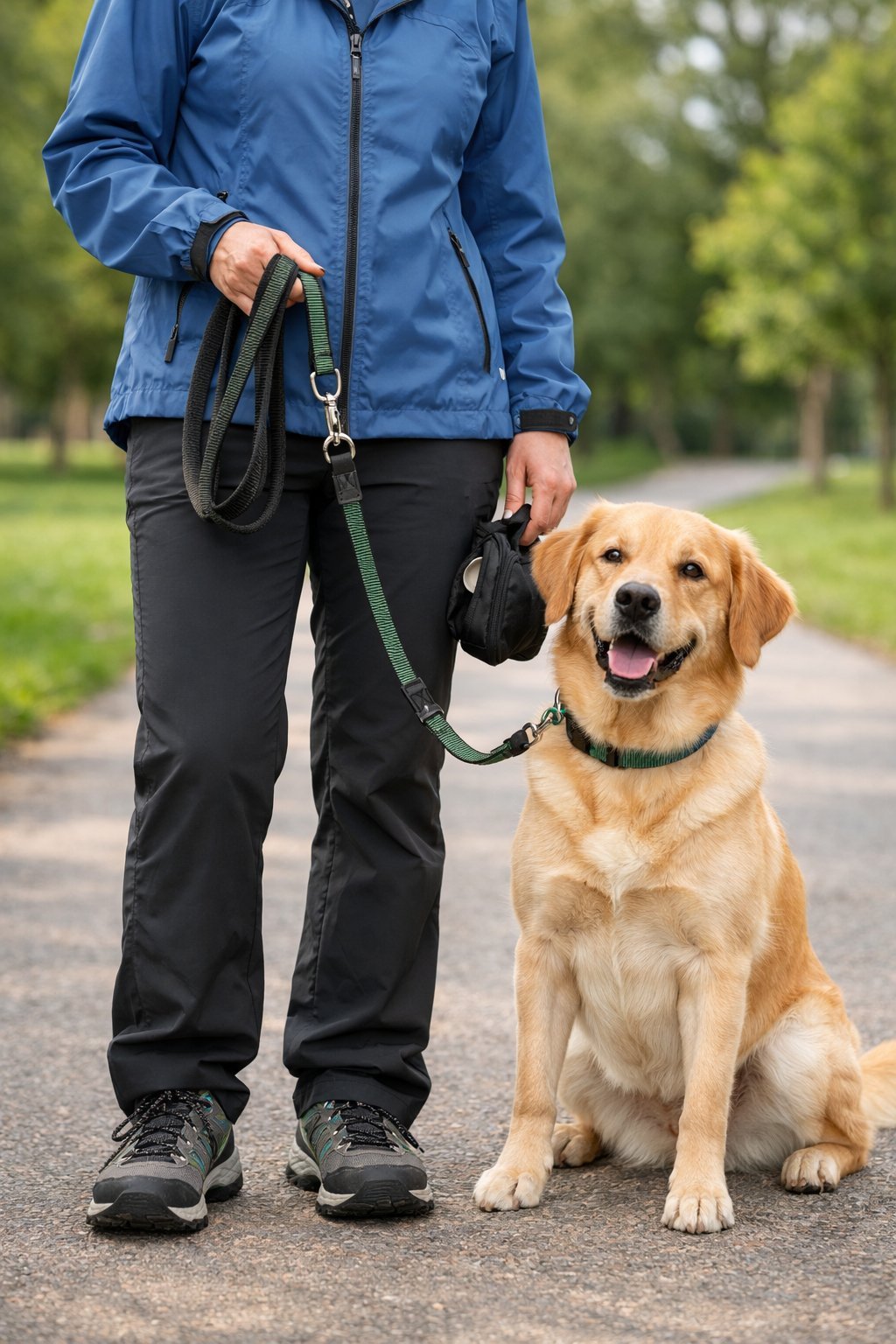 Person dressed in a dog walking outfit holding a leash with a dog standing beside them on a park path.