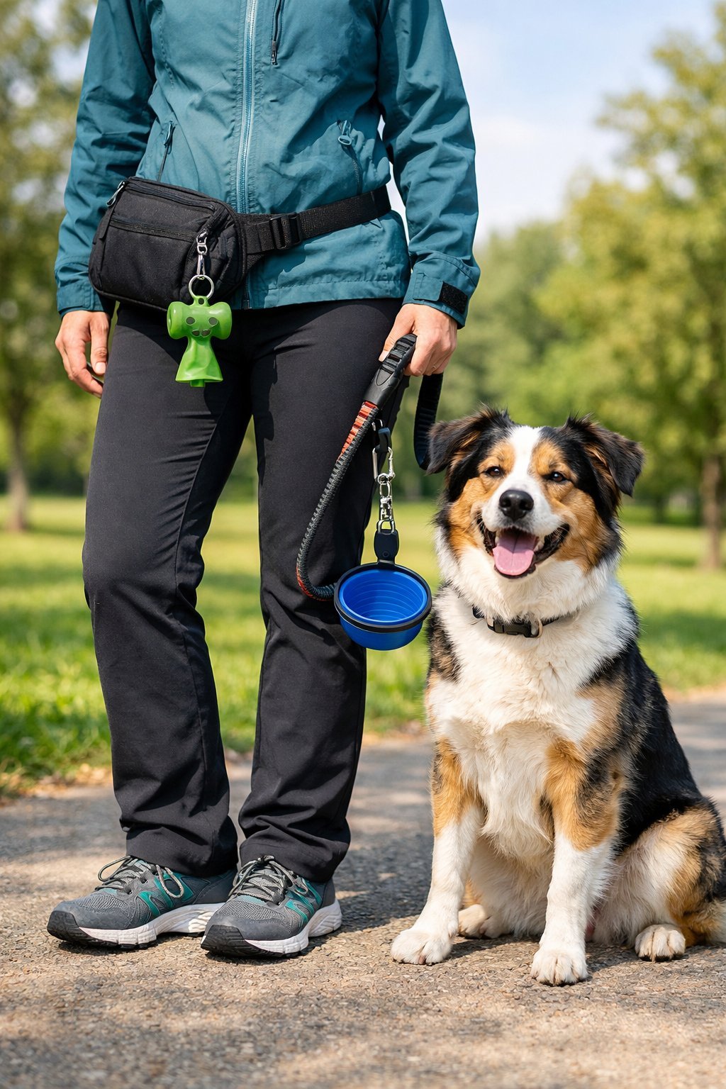 Person dressed in dog walking outfit holding a dog leash with a dog in a park setting surrounded by dog walking accessories.