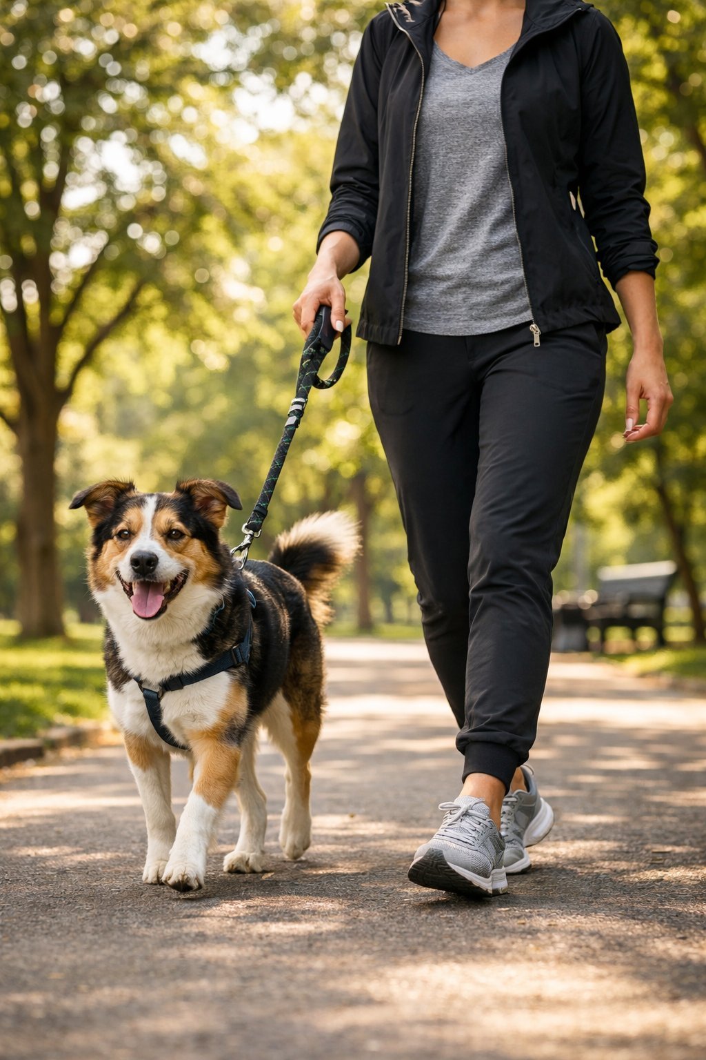 Person walking a dog on a paved path in a park with trees and sunlight.