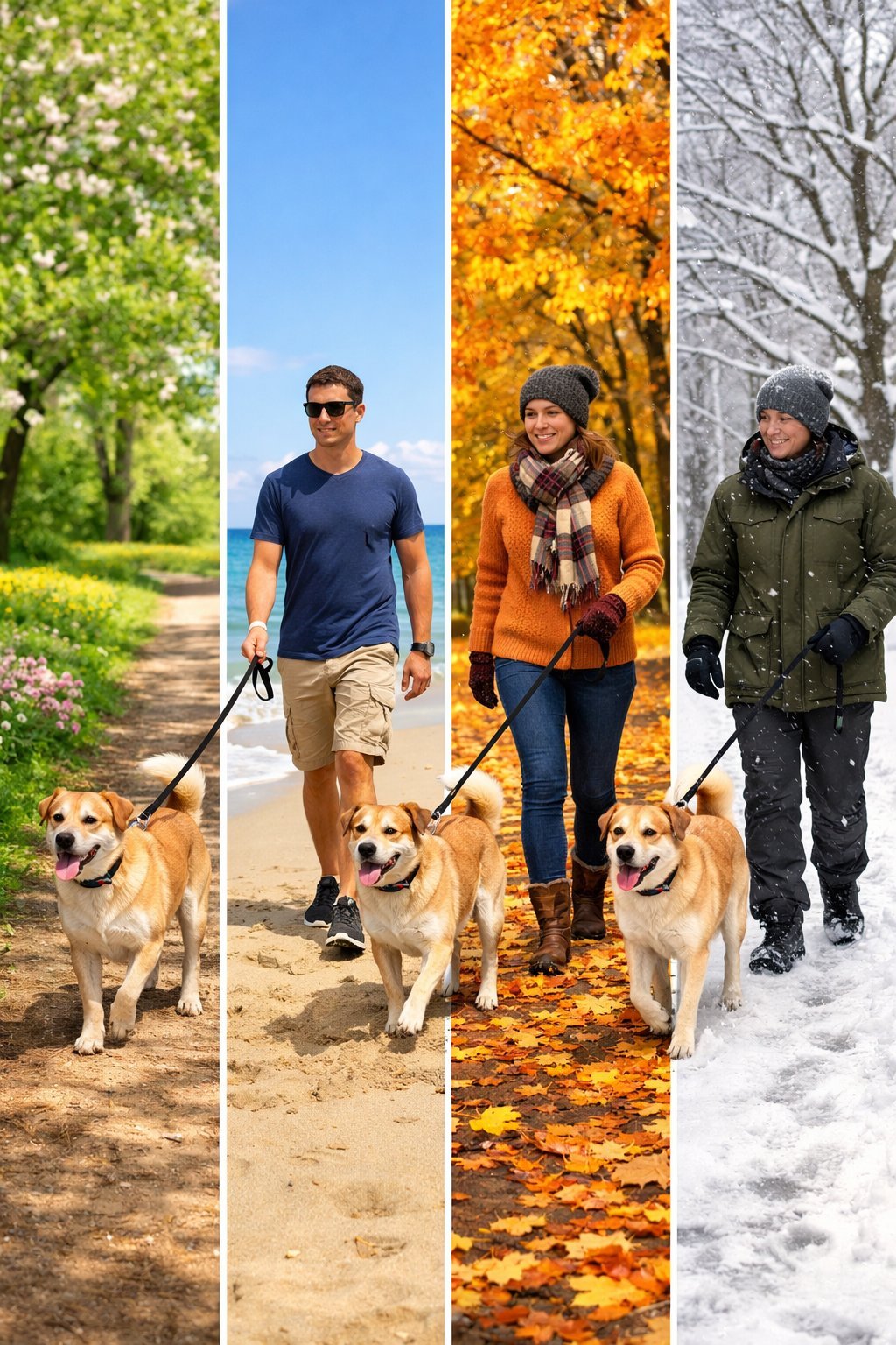 A person walking a dog in four different seasonal outfits: spring jacket in a park, summer t-shirt on a beach, autumn sweater on a leaf-covered path, and winter coat on a snowy street.