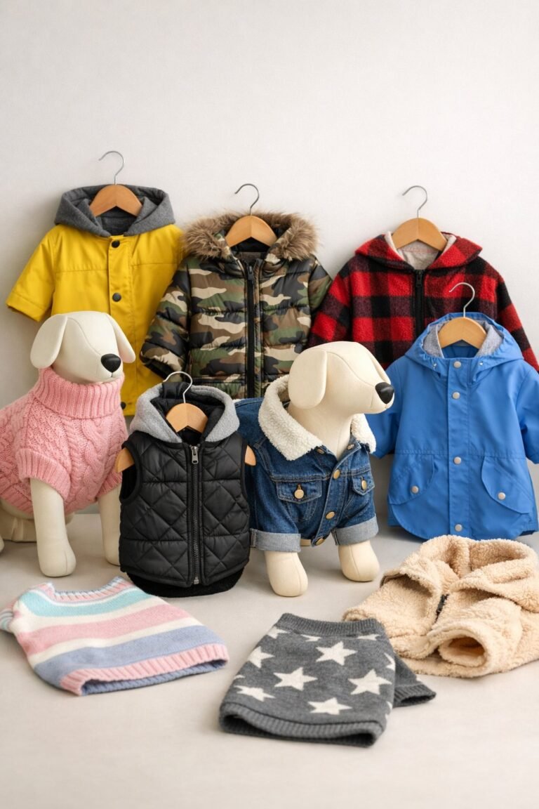 Various dog clothes such as sweaters and jackets displayed on dog-shaped mannequins and hangers against a plain background.