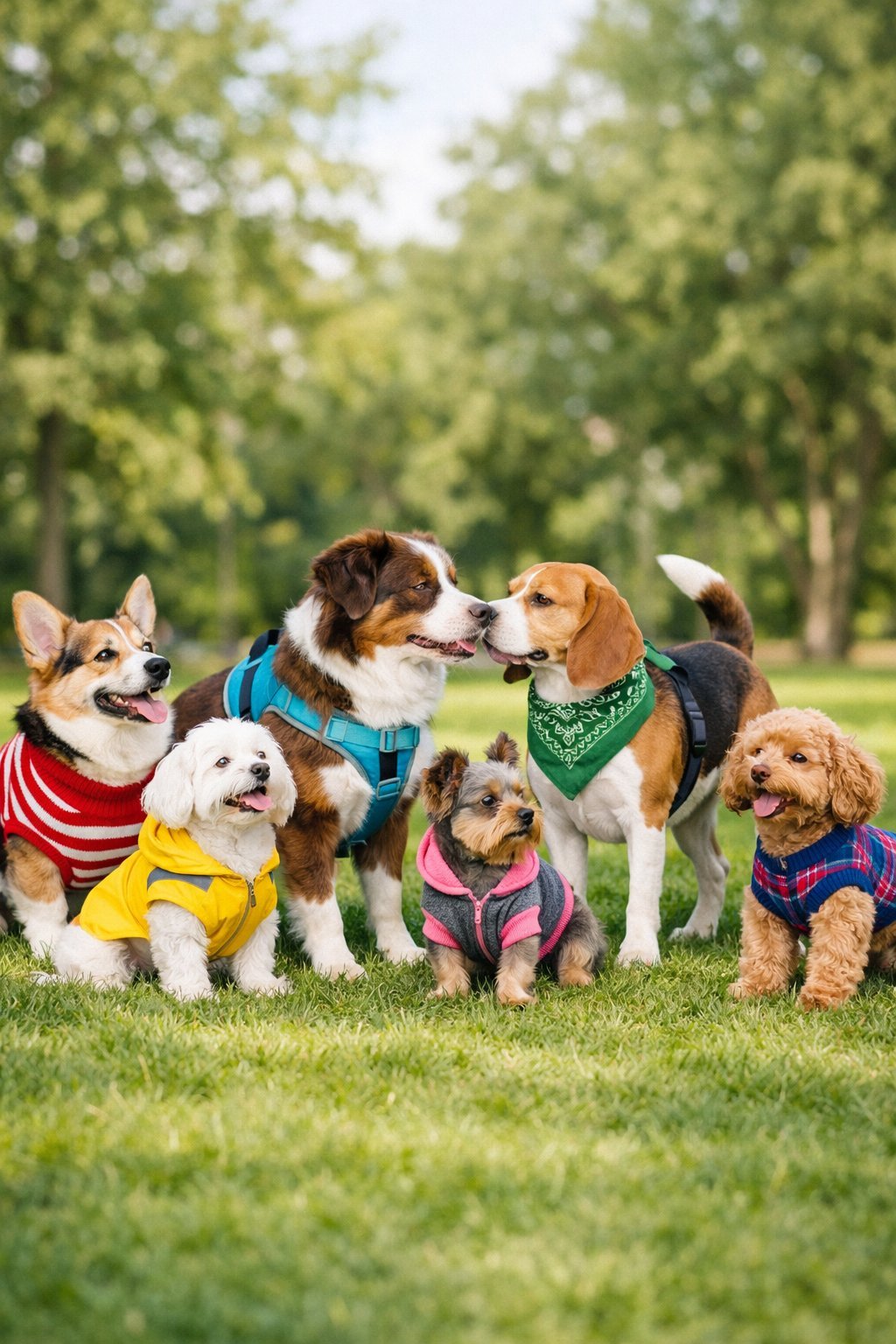 Several dogs of different breeds wearing various types of dog clothes outdoors on grass.