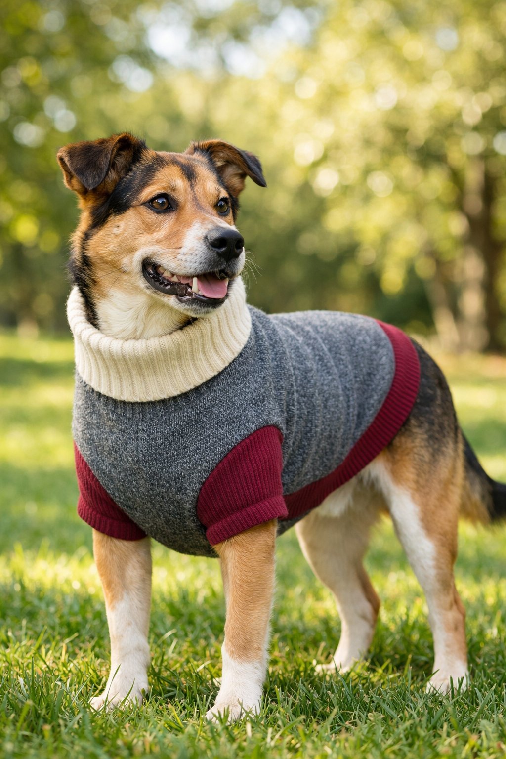 A medium-sized dog wearing a sweater standing outdoors in a grassy park on a sunny day.