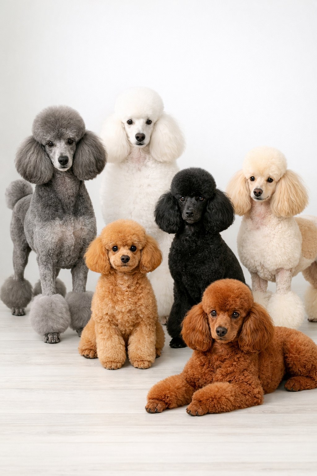 Several poodles with different haircuts posed together in a bright studio setting.