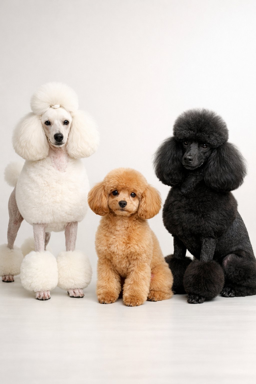 Three well-groomed poodles with different haircut styles posed against a plain background.