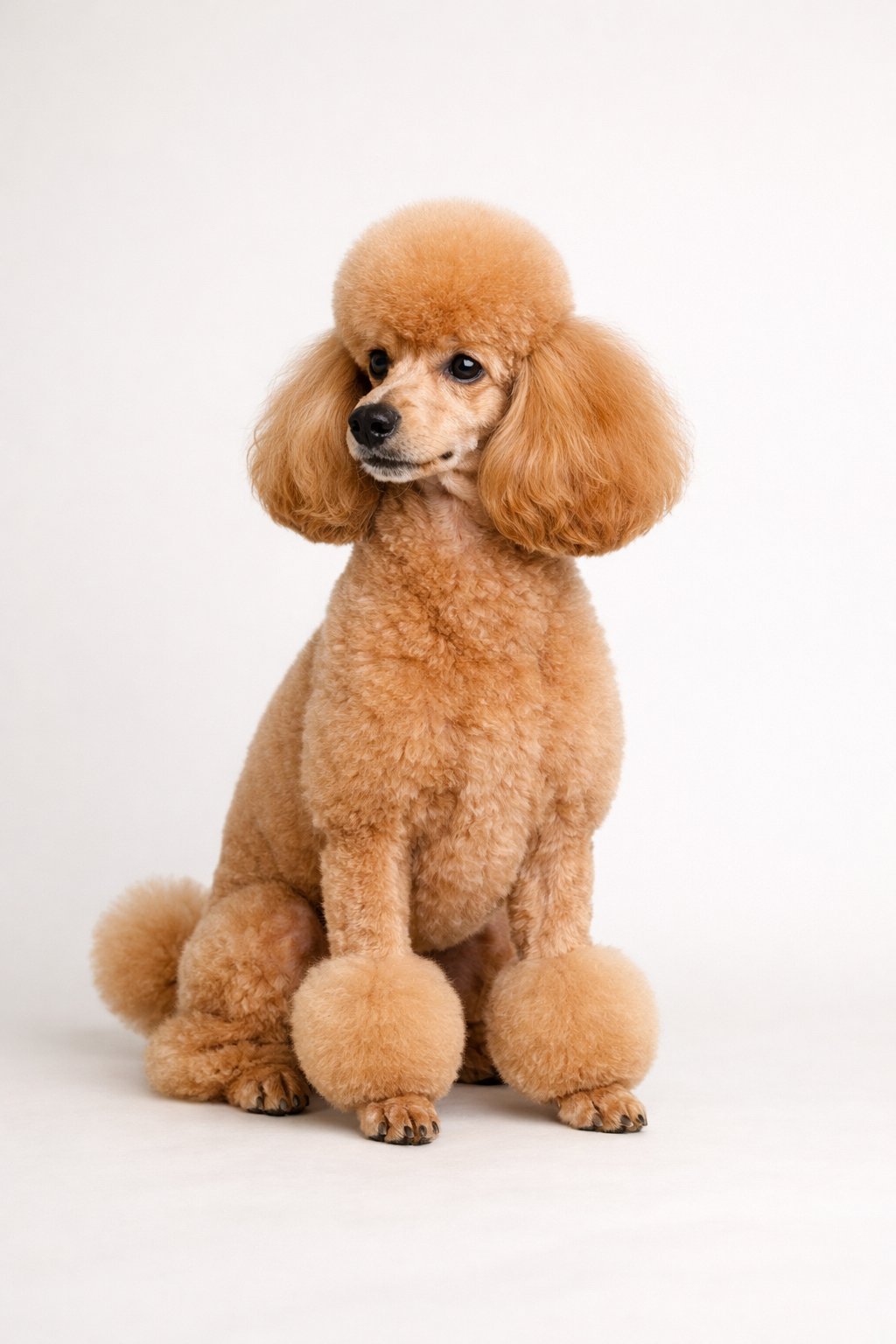 A neatly groomed poodle sitting calmly on a plain background in a bright studio.