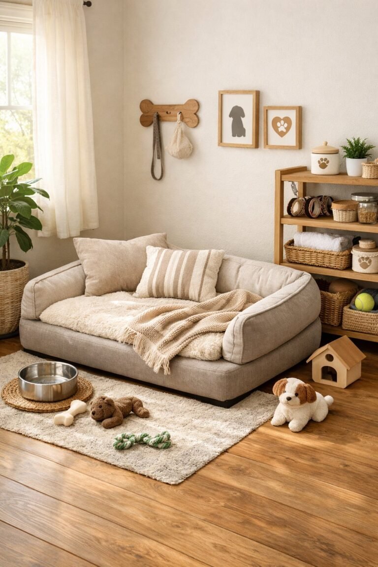 A cozy dog bedroom with a soft dog bed, toys, plants, and natural light coming through a window.