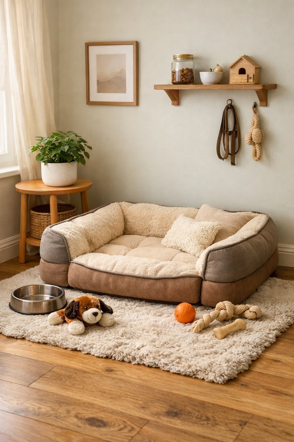 A cozy dog bedroom with a plush dog bed, toys, a water bowl, and soft natural light coming through a window.