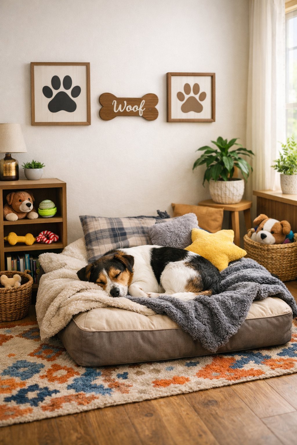 A small dog resting on a plush bed in a cozy, well-decorated dog bedroom with toys and natural light.