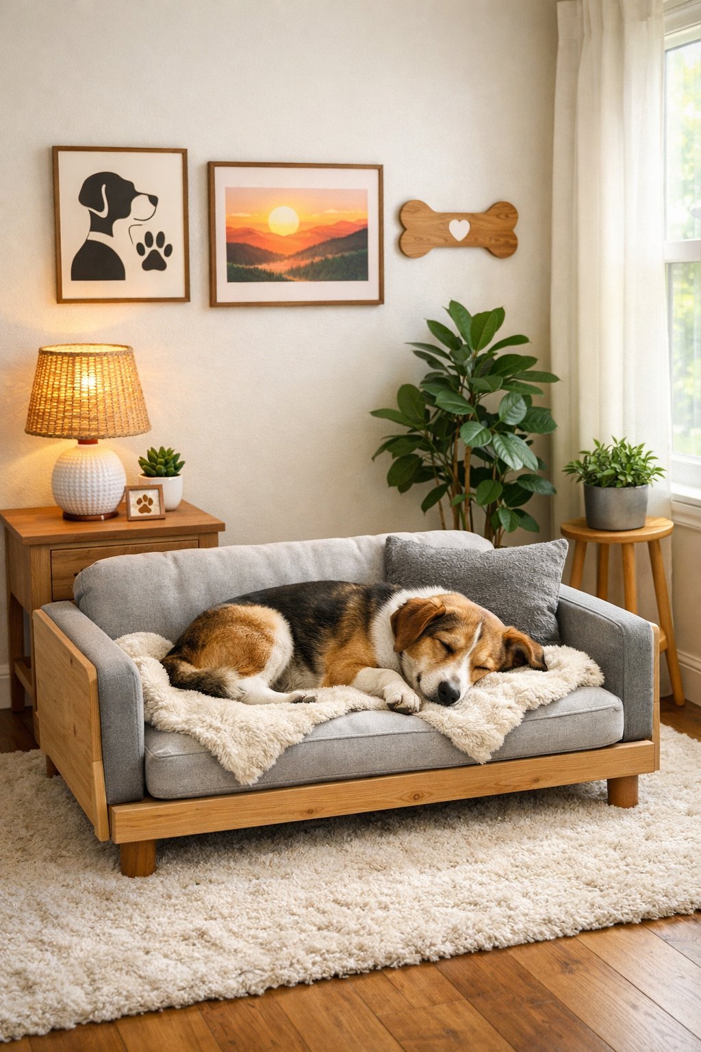 A cozy bedroom with a dog resting on a comfortable bed surrounded by furniture and plants.