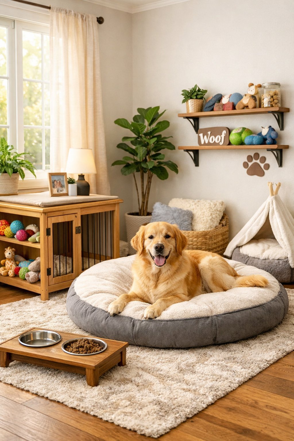 A cozy dog bedroom with a plush bed, dog toys, feeding station, and plants, with a dog resting comfortably.