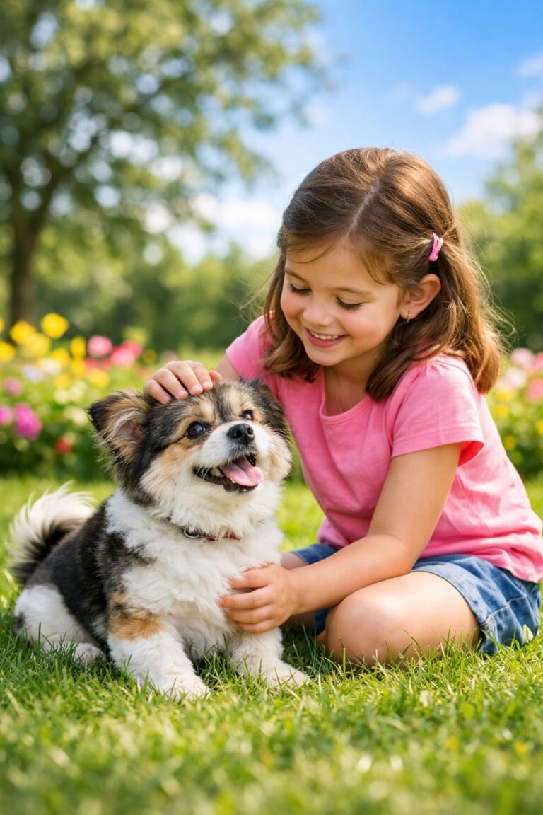 A young girl smiling and petting a small fluffy dog in a sunny green park.