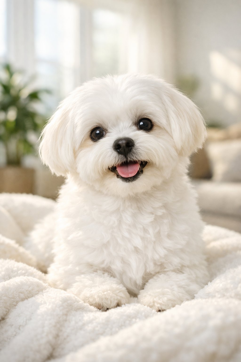 A happy Maltese dog sitting on a white blanket in a bright living room with sunlight coming through windows.