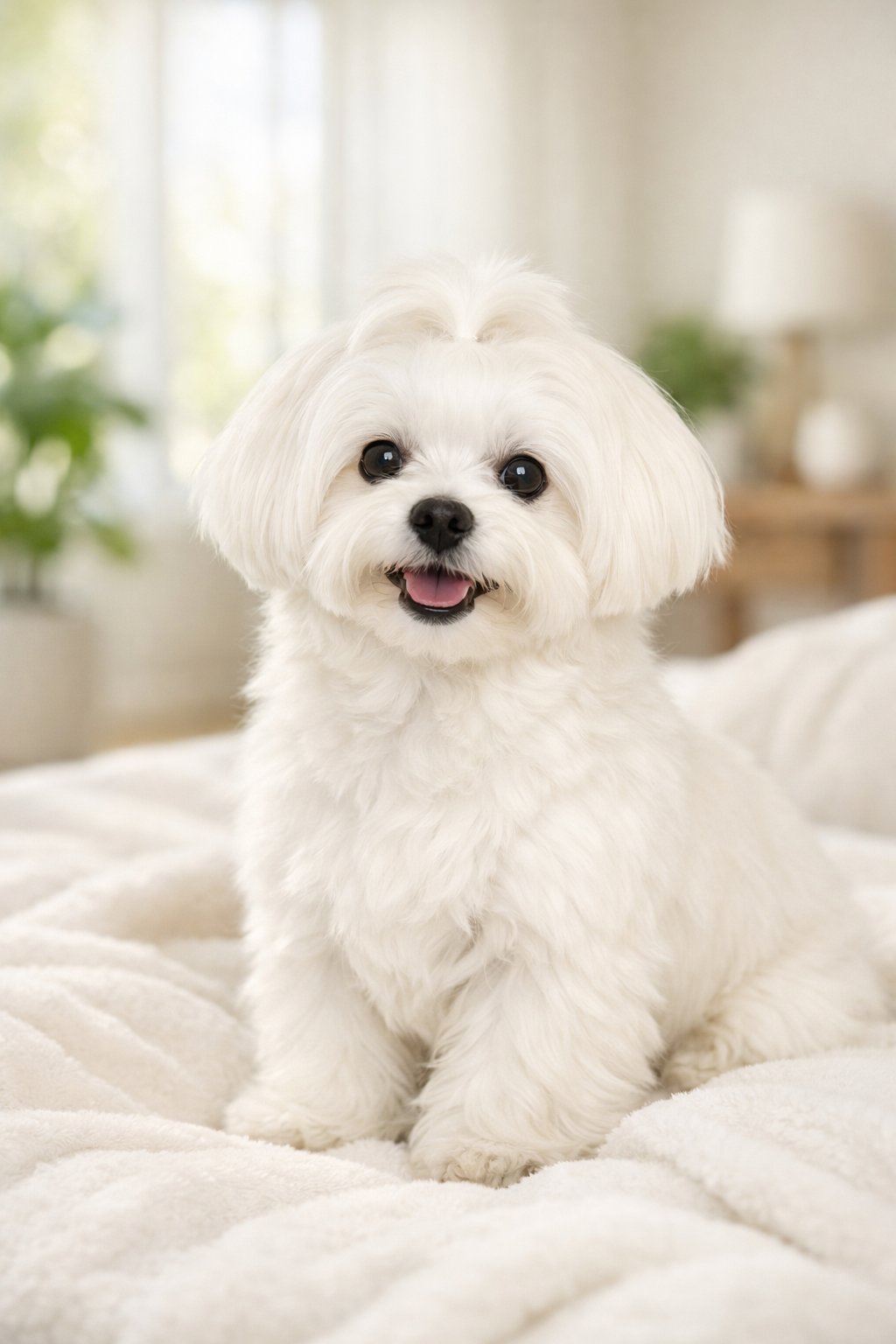 A white Maltese dog sitting on a blanket in a bright living room, looking at the camera.