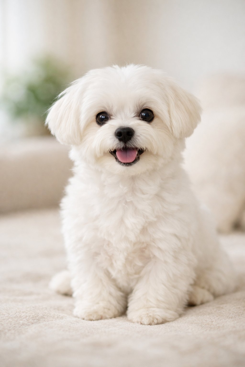 A fluffy white Maltese dog sitting attentively indoors with a friendly expression.