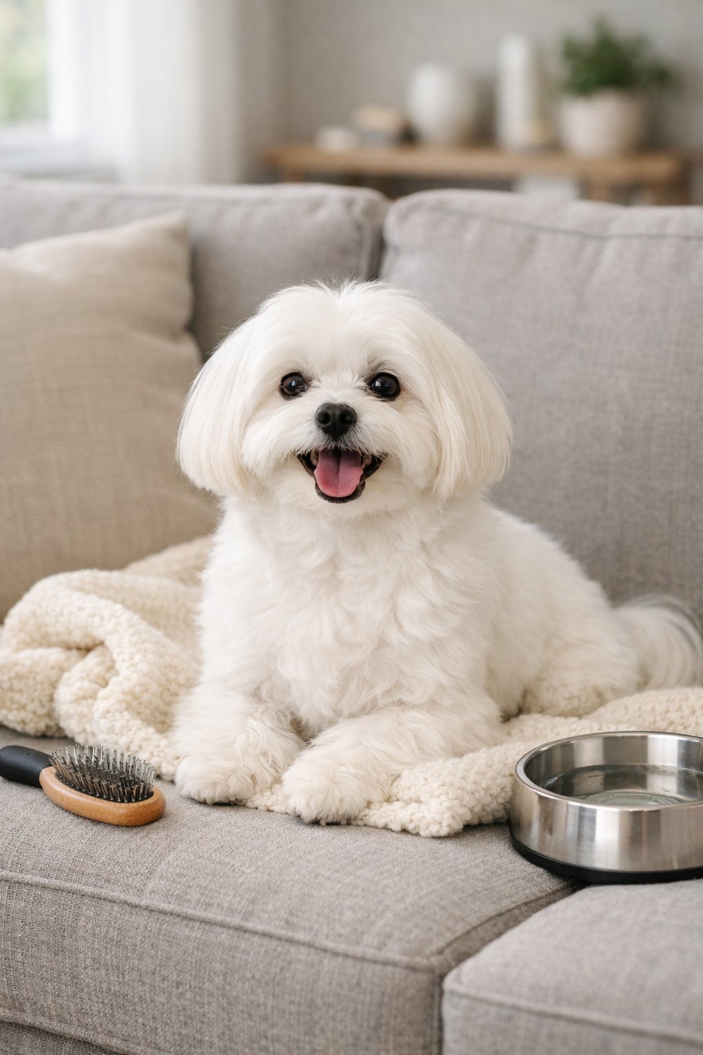 A Maltese dog sitting comfortably on a couch in a bright, clean living room with pet care items nearby.