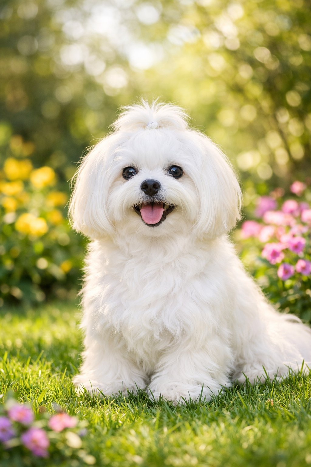 A healthy Maltese dog sitting in a sunny garden with green grass and colorful flowers.