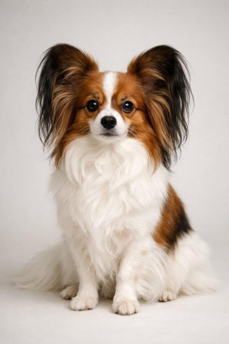 A Papillon dog with large ears and a silky coat sitting and looking attentively.