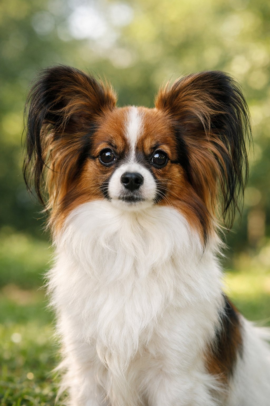 A Papillon dog with large butterfly-shaped ears sitting outdoors on grass with green foliage in the background.