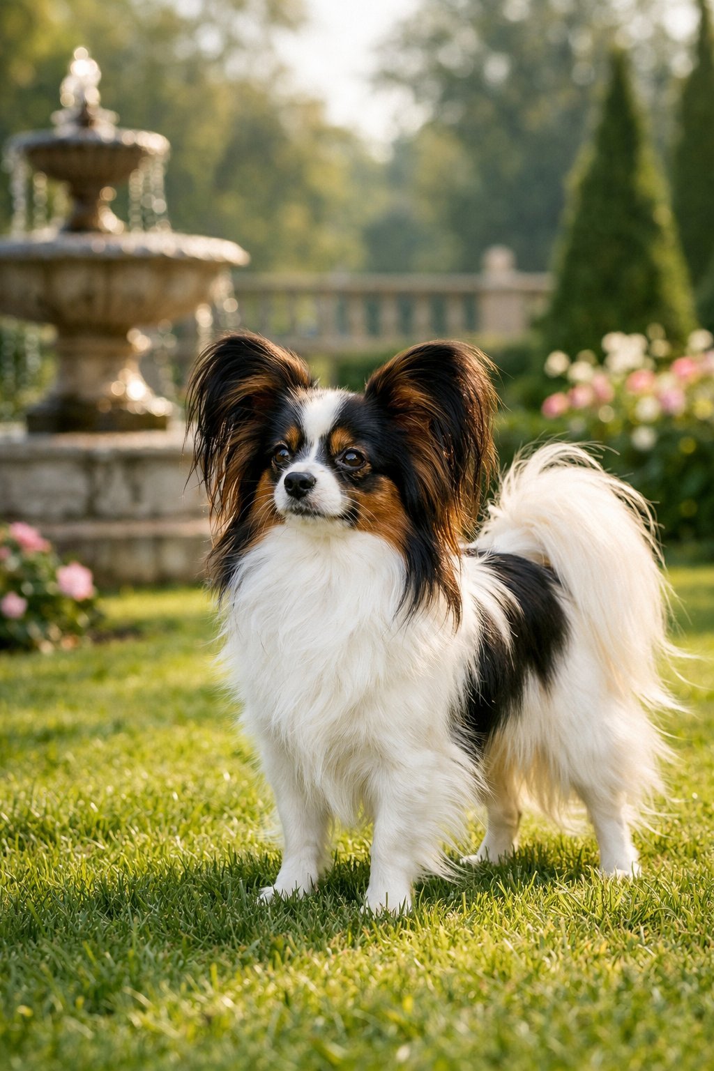 A Papillon dog standing on green grass in a garden with trimmed hedges and a stone fountain in the background.