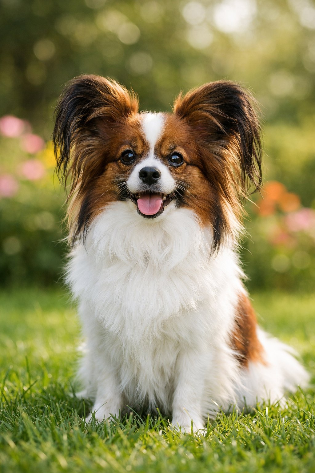 A Papillon dog sitting attentively on green grass outdoors with trees and flowers in the background.