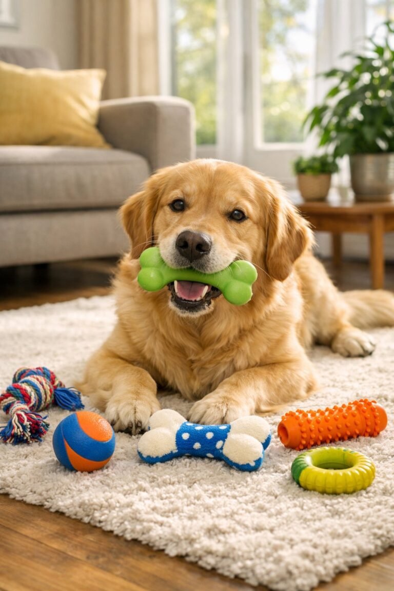 A golden retriever lying on a rug surrounded by various colorful dog toys in a bright living room.
