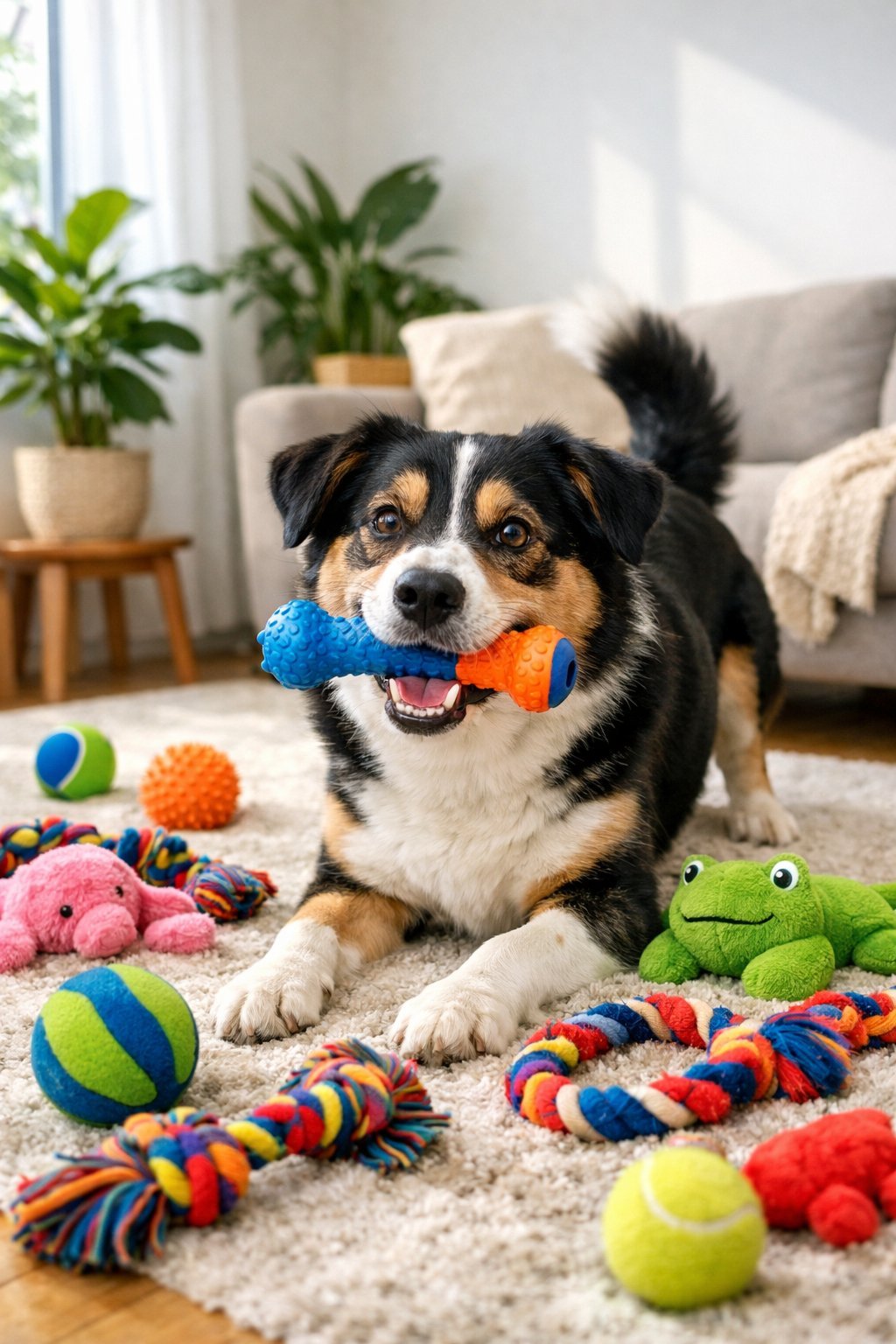 A happy dog playing with various colorful toys on a rug in a bright living room.