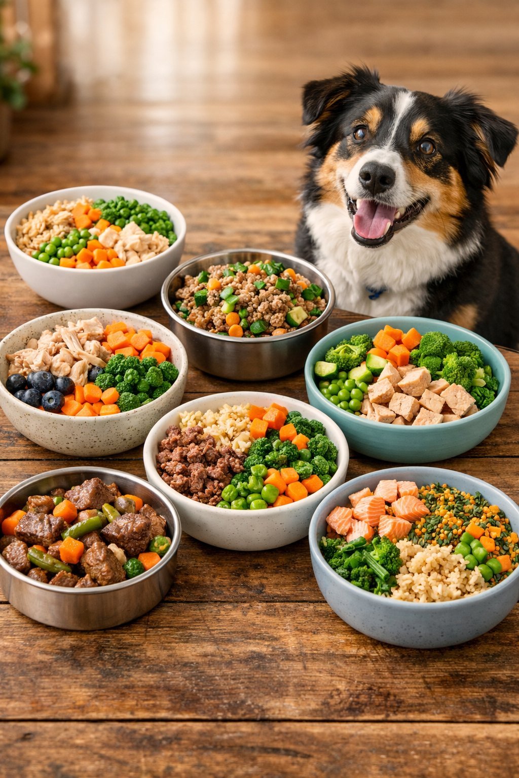 A happy dog sitting next to seven bowls of colorful homemade dog food with fresh ingredients on a wooden table.